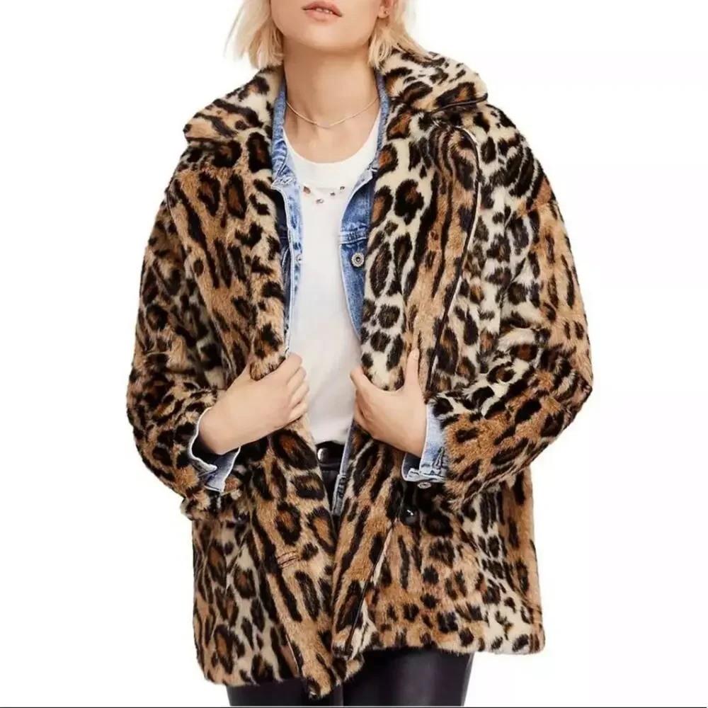 FREE PEOPLE Womens Leopard Print Faux Fur Kate Oversized Jacket Coat Size XS